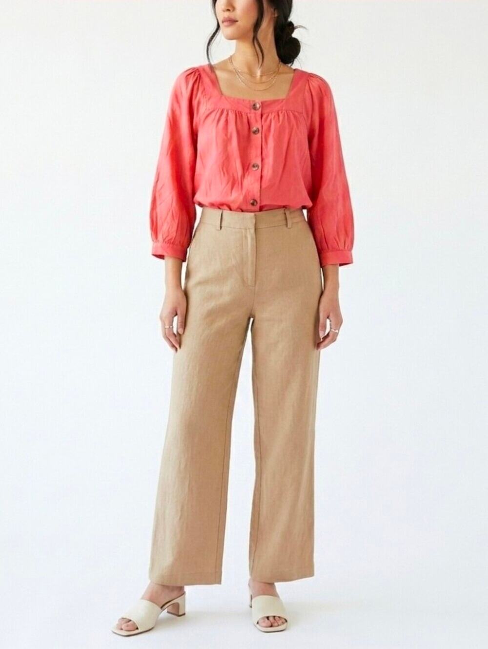 NWT St. John’s Bay Coral Square-Neck Button-Front 3/4 Sleeve Top